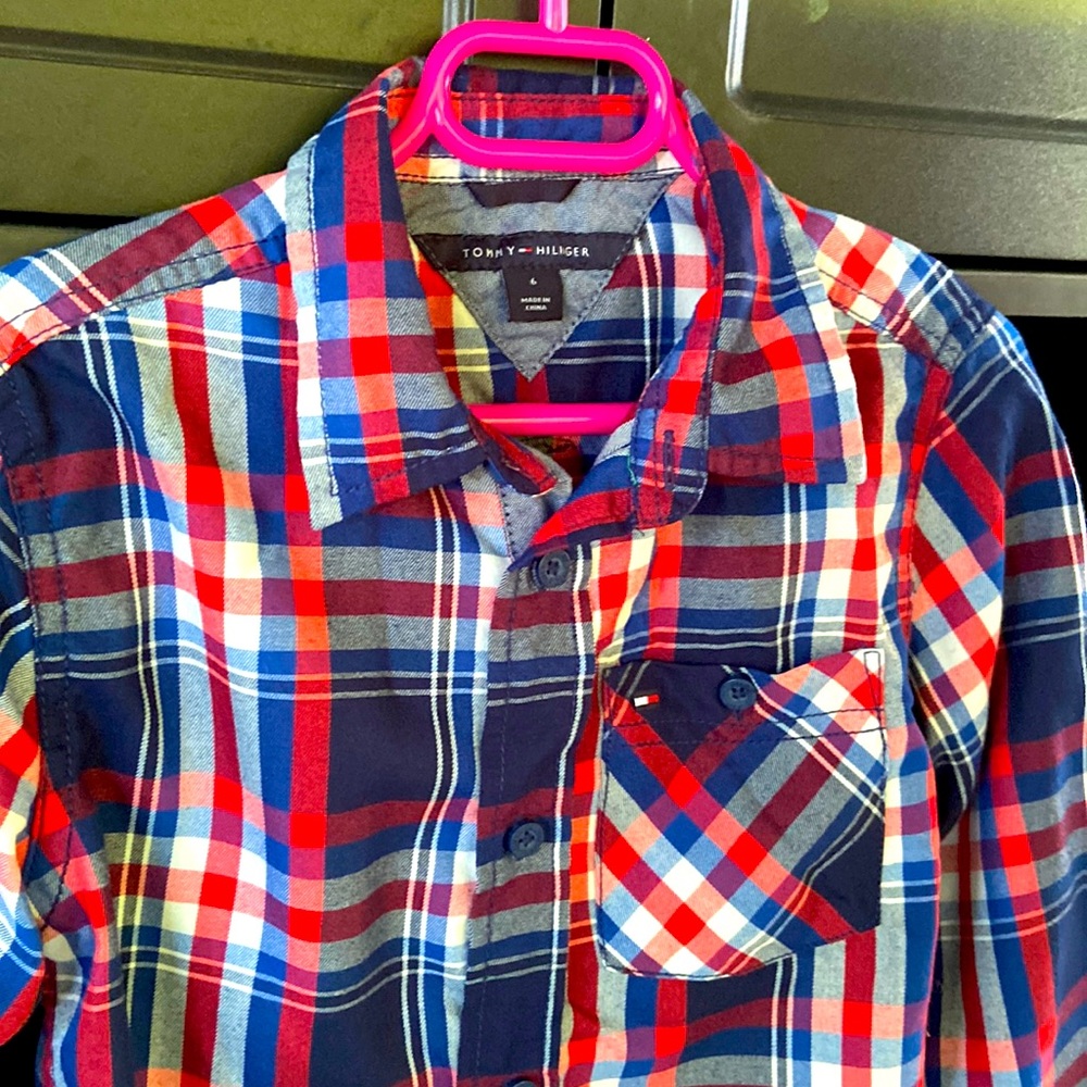 Boy’s Tommy Hilfiger red and blue long sleeve shirt size 6
